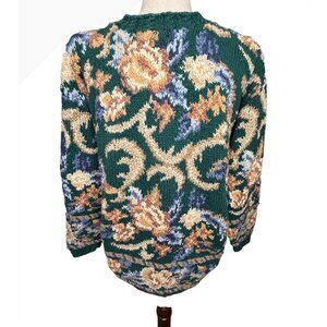 VTG 80-90s Crystal-Kobe Petite M Chunky Hand Knitted Floral Sweater Warm Preppy